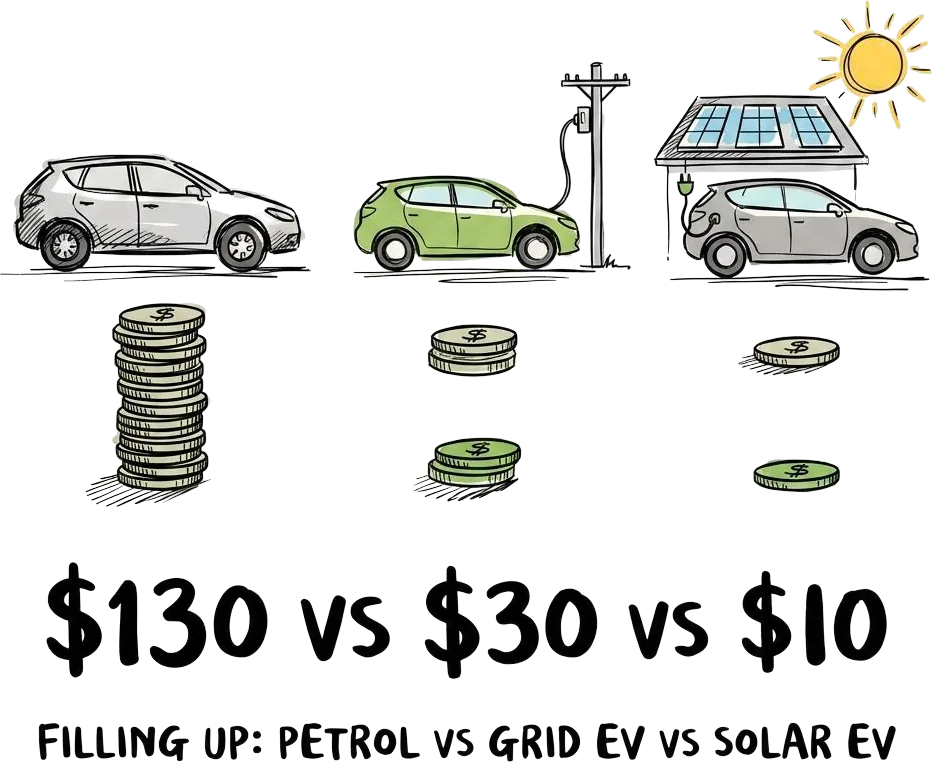 Filling an average tank: petrol $130, grid EV $30, home solar EV $10